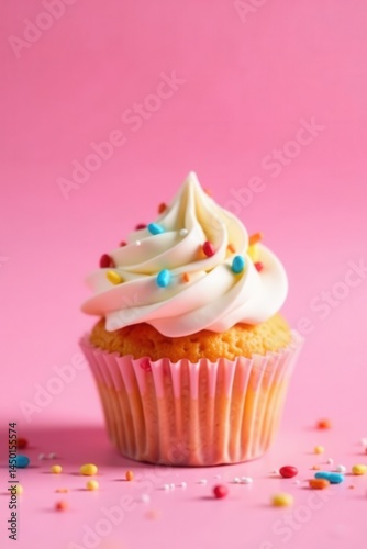 Soft pink backdrop, single cupcake, vibrant sprinkles, pastry, joy, party