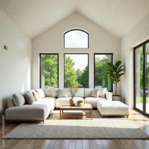 Spacious neutral living area, vaulted ceiling, abundant natural light streaming through large windows , sunlight, open concept