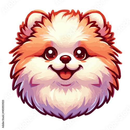 A postcard with a cartoon smiling pomeranian with big eyes and fluffy cheeks on a white isolated background. Vector graphics. EPS.