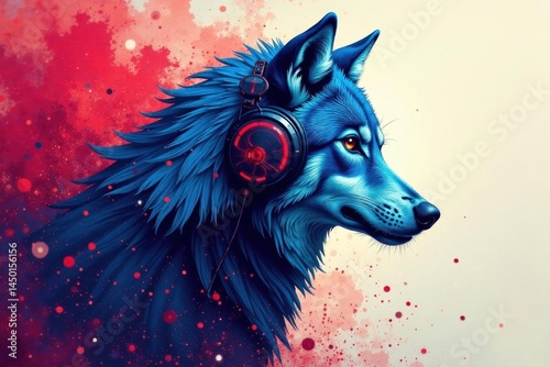 Stylized blue wolf, headphones, vibrant paint splatter, wild, digital art, nature
