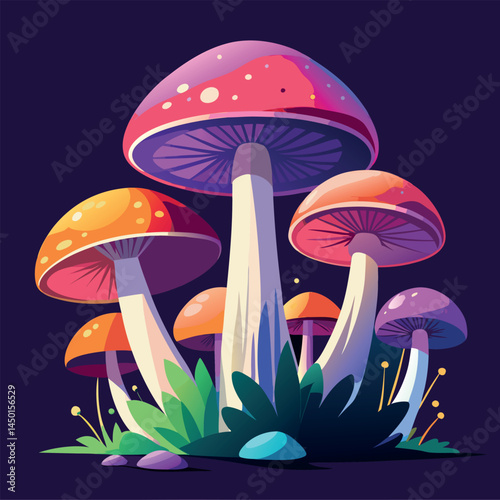 Vibrant mushrooms with colorful caps and tall stems illuminated against a dark background in a whimsical garden setting Generative AI