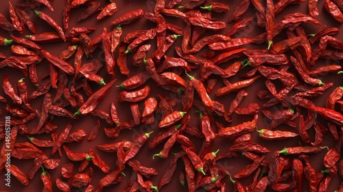 Numerous Dried red chili peppers layering densely across matching crimson surface, vibrant spicy culinary ingredients. Organic natural texture/pattern, completely covering a matching red background,