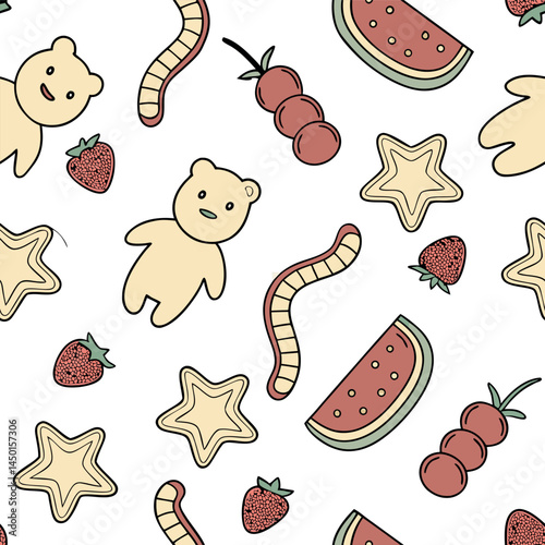 Colorful pattern featuring cartoon candy and fruit illustrations on a white background for fun and playful designs Generative AI