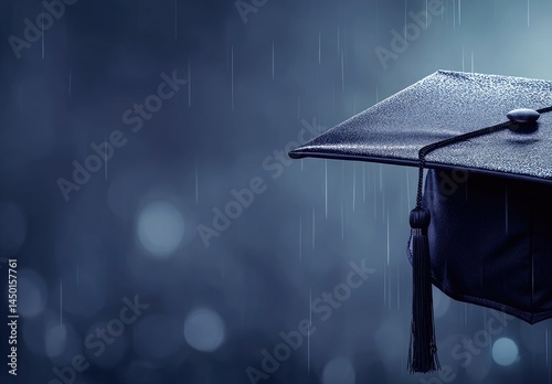 A dark graduation cap in the rain, symbolic of a graduation ceremony during inclement weather.  The cap is wet and glistening