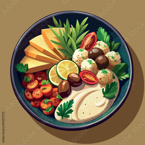Delicious Mediterranean dish featuring hummus, olives, and fresh vegetables on a vibrant plate Generative AI