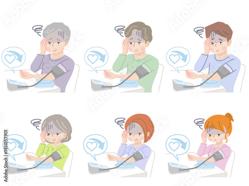 血圧を測る家族のイラストセット