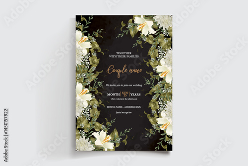WEDDING INVITATION FRAME WITH FLOWER DECORATIONS AND FRESH LEAVES