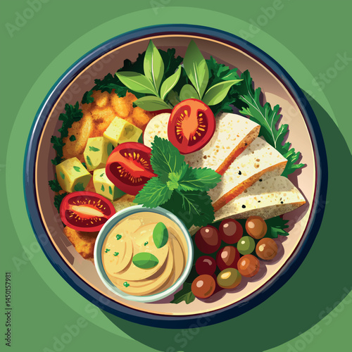 Colorful Mediterranean platter with fresh vegetables, cheese, olives, and hummus presented on a circular dish Generative AI