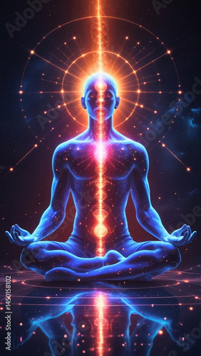 A glowing, meditative human figure sitting cross-legged in a cosmic or ethereal environment, body made of soft gradients of colored light. Visualize the full energy aligned vertically through the spin