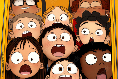 Excited kids eagerly waiting for the school bus in a cheerful morning atmosphere