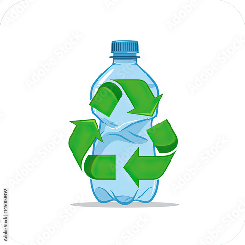 Plastic water bottle with green recycling arrows on white background, eco-friendly concept