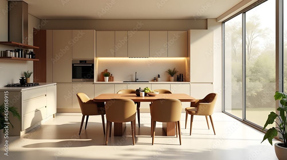 Fototapeta premium Modern kitchen interior featuring a wooden dining table, stylish chairs, and ample natural light streaming through large windows.