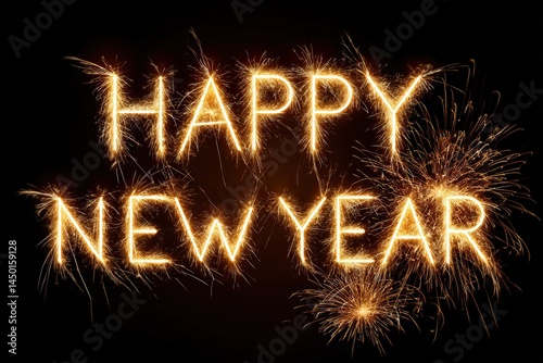 Bright sparkler letters spelling 'Happy New Year' on a dark background.