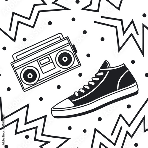 Stylish sneaker next to a retro boombox on a black and white patterned background with dynamic shapes Generative AI