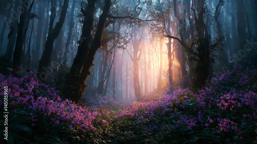 Fototapeta Naklejka Na Ścianę i Meble -  Magical misty dark forest wallpaper with glowing sunlight and vibrant purple flowers