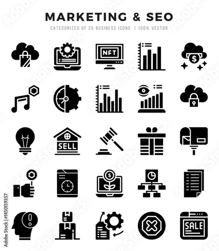 Set of Marketing & SEO Icons. Simple Glyph art style icons pack.