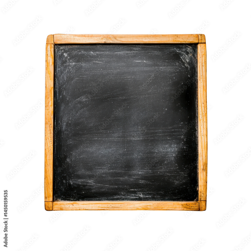 Fototapeta premium Square blackboard with wooden frame, featuring slightly worn surface, evokes sense of nostalgia and education. chalkboard is empty, ready for writing or drawing