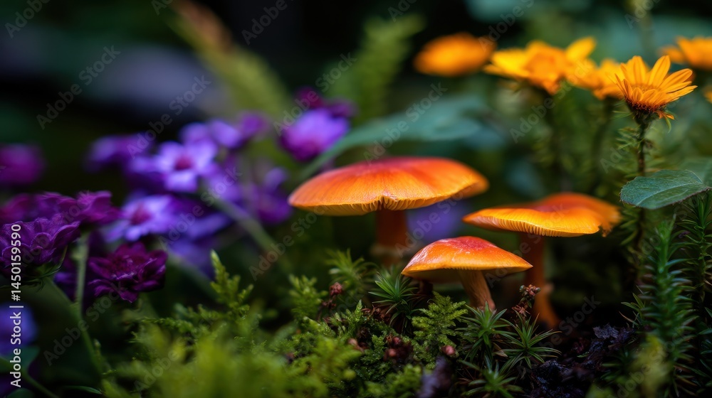 Fototapeta premium Vibrant orange mushrooms nestled among colorful flowers in a lush garden setting