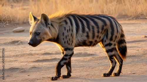 Striped hyena have excellent senses of vision, hearing and smell spotted this at evening safari near pond at ranthambore national park or tiger reserve rajasthan india - hyaena hyaena