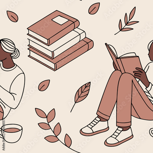 Relaxing readers enjoy a cozy afternoon surrounded by books and warm beverages in a calm setting with leaves Generative AI