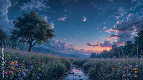 草原と夜空の風景