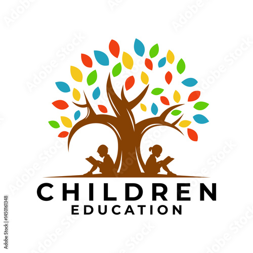 Kids Reading Book under tree logo vector. Education logo design template