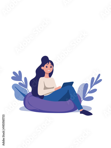Modern woman with gadget on white background, copy space