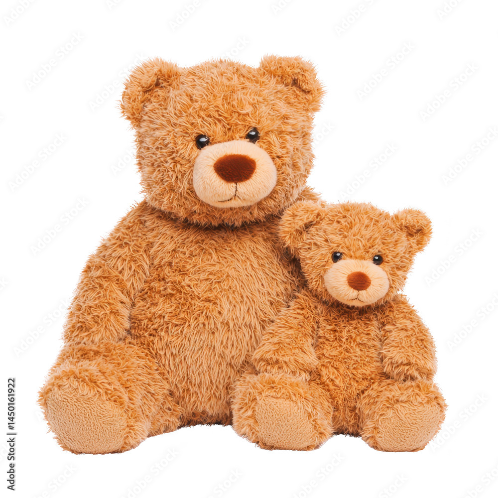 Obraz premium Cute brown teddy bears, one large and one small, sit together showcasing their fluffy texture and adorable expressions. Perfect for cozy, comforting atmosphere