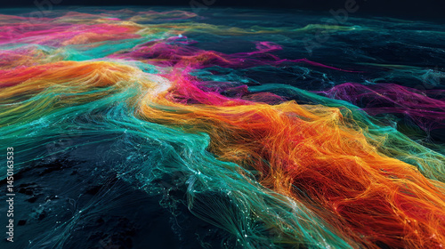 Abstract colorful data flow visualized as glowing strands over a dark fluid surface