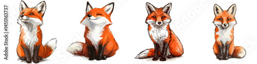 of cute and playful foxes in nature. long_title:Charming of four adorable red foxes in a natural forest environment, showcasing their distinctive