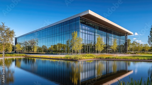 Modern office building complex with reflecting pool and landscaping.