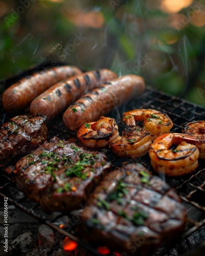High-end food photography of a summer grill with steak, sausages, and shrimp, styled with subtle smoke and natural daylight for commercial use