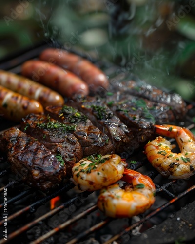 High-end food photography of a summer grill with steak, sausages, and shrimp, styled with subtle smoke and natural daylight for commercial use
