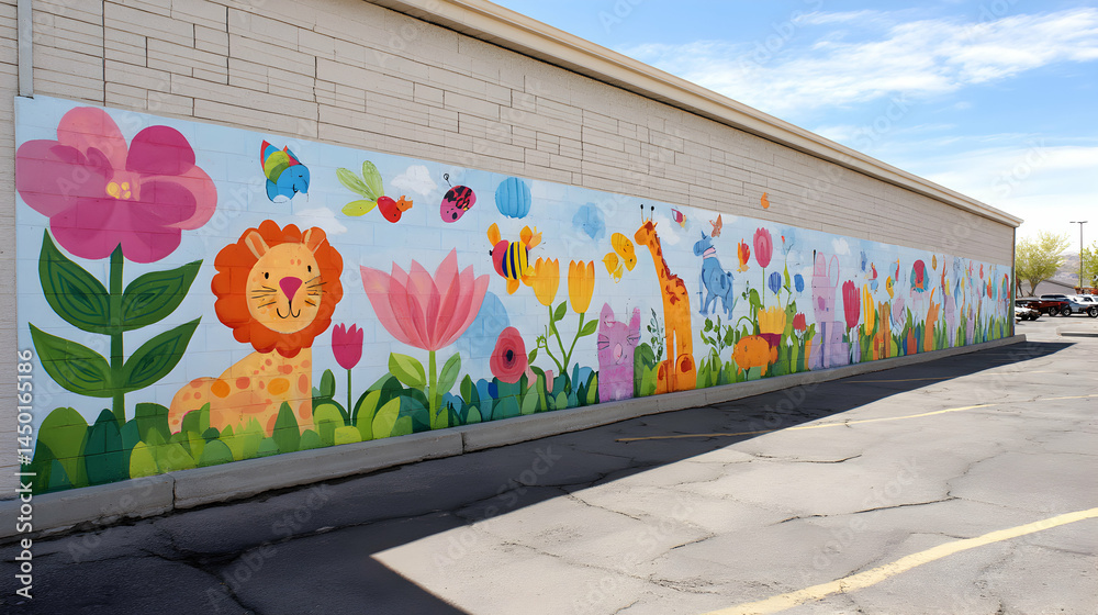 Fototapeta premium Animal Cartoon Mural Colorful Outdoor Wall Art With Lion Giraffe Bees Flowers