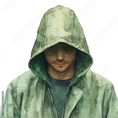 illustration of Hooded Rain Jacket With A Zipper Closure, watercolor vector, isolated on a white background.