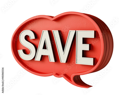 3D megasized price tag shaped like a speech bubble, bright red with white 