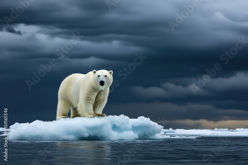 Lone polar bear standing on diminishing ice in dark arctic waters beneath stormy sky with dramatic clouds. Wildlife endangered by climate change impact on natural habitat in northern polar region.