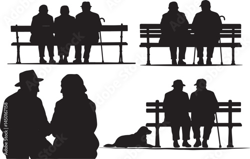 Silhouettes of elderly individuals and couples relaxing on park benches enjoying companionship and leisure time outdoors