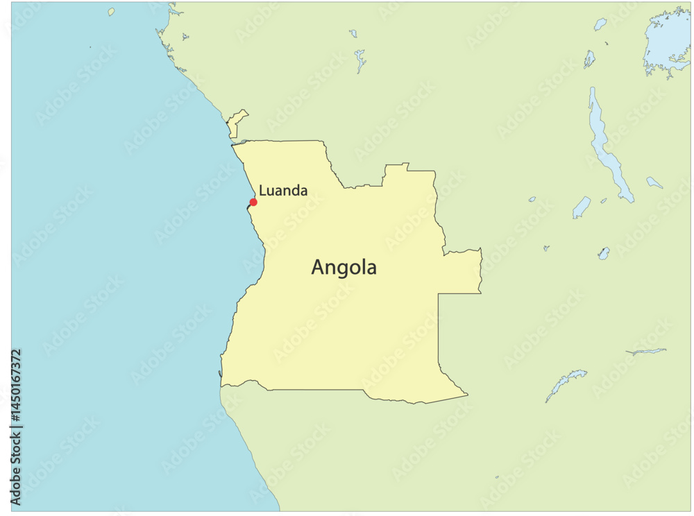 Obraz premium Outline of the map of the country of Angola with the designation of the capital Luanda