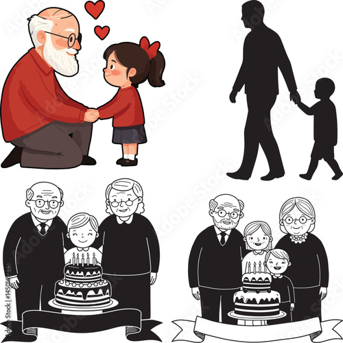 Illustrations and silhouettes of family generations grandfather and child family celebrating with birthday cake  
