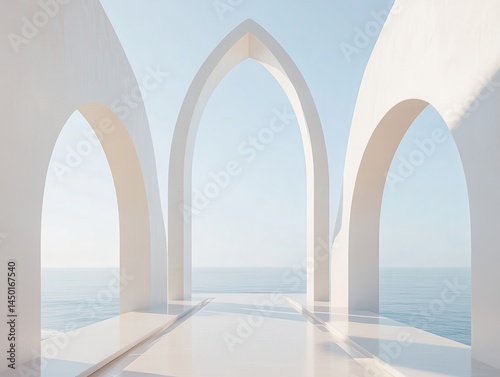 White arches framing ocean vista.  A serene, minimalist architectural scene with rows of pointed arches opening onto a tranquil ocean.  