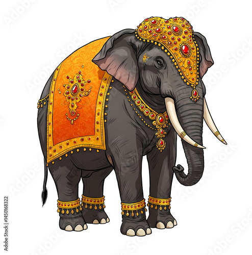 Kerala festival elephant illustration, indian decorated elephant isolated on transparent background, png image 