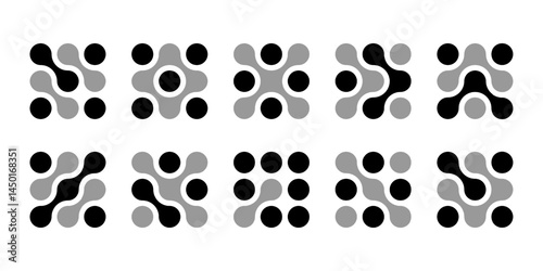 Dot connect icon, abstract tech logo. Diagonal circle vector shape integrates science pattern with innovation network . Liquid metaball flows into blob drops, medical data design. Nanocore concept