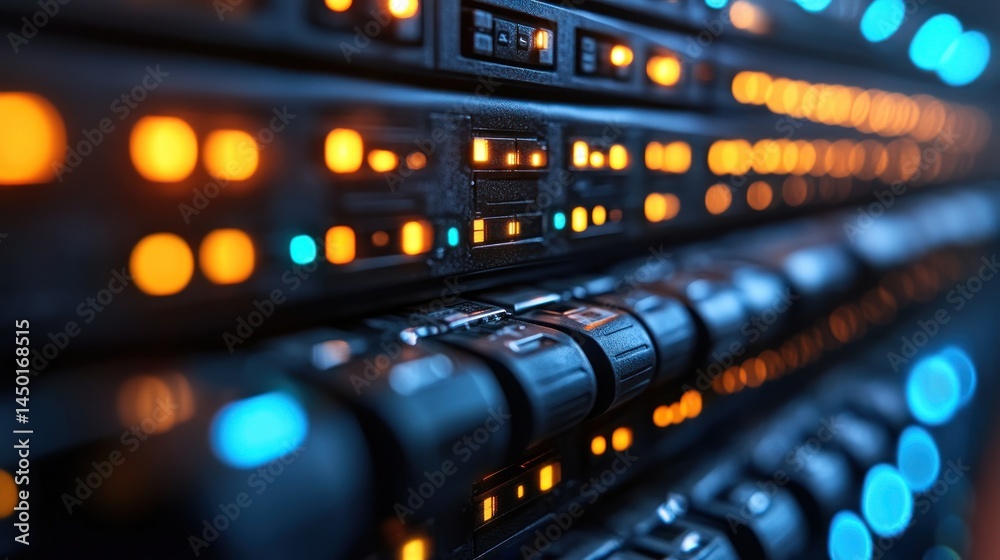 Naklejka premium Server rack, illuminated control panels