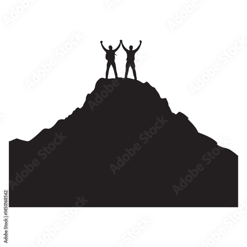 Two Climbers Celebrating on Mountain Peak Success Silhouette Illustration