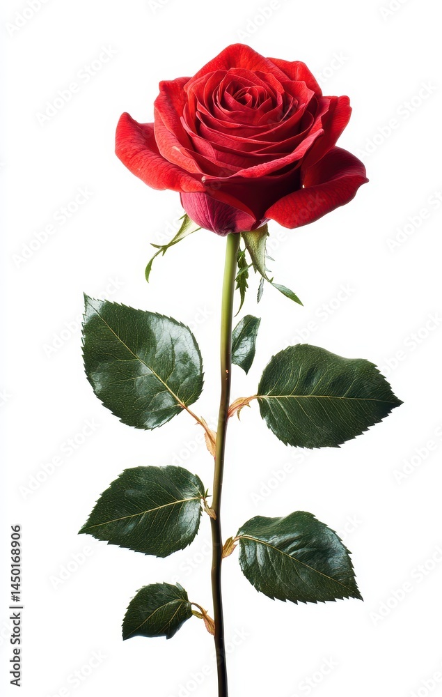 Obraz premium Beautiful single red rose with vibrant petals and lush green leaves isolated on a white background, ideal for romantic themes and floral arrangements