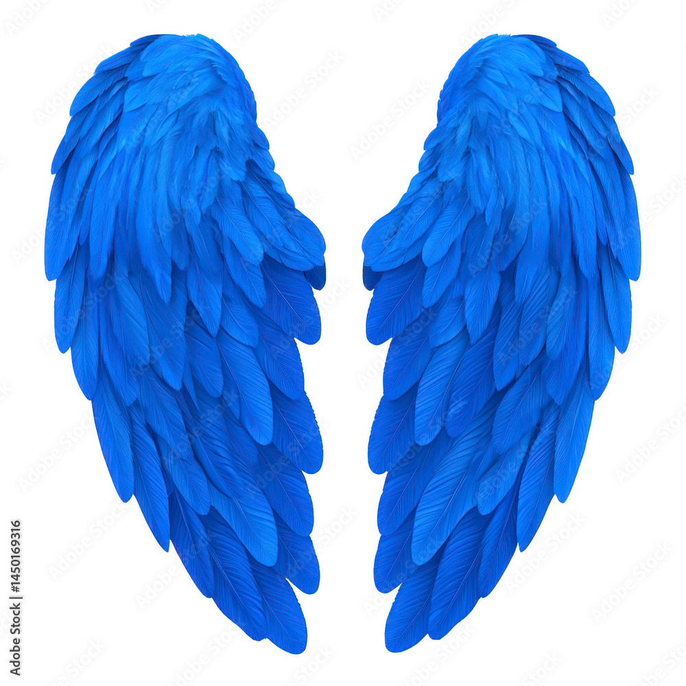 Fototapeta premium Blue angel wings with detailed feathers create sense of fantasy and freedom. vibrant color and intricate design evoke mystical and ethereal atmosphere