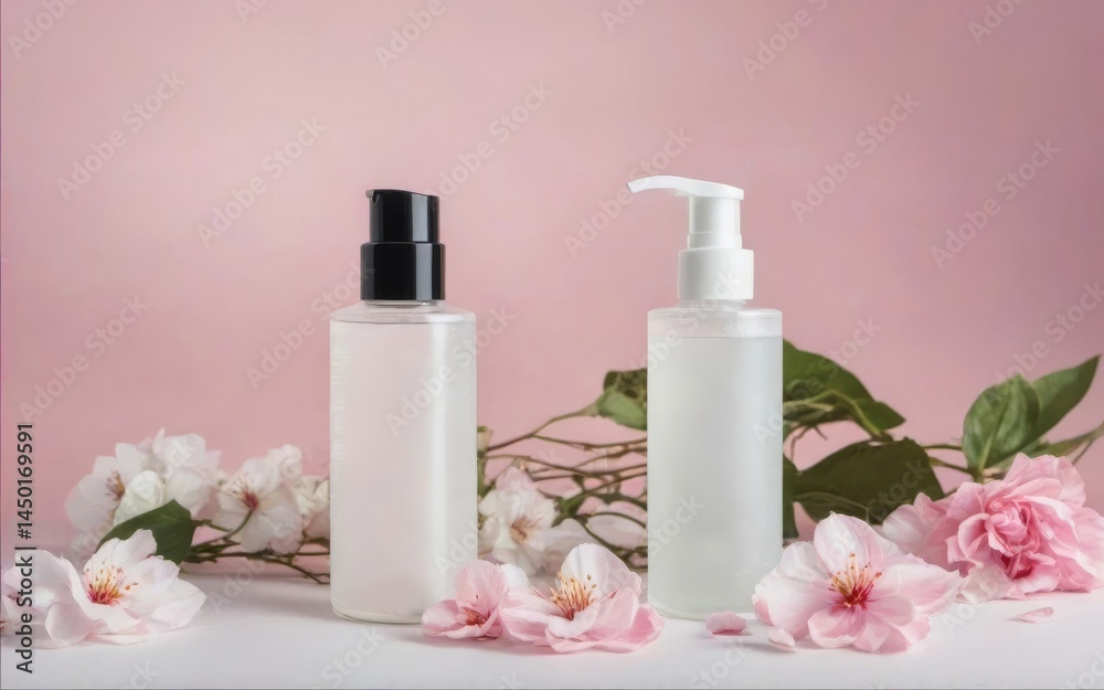 Cosmetic set with pink flowers on a beige background. .Skin care bottles with a showcase of cosmetics Cosmetic set with pink flowers on a beige background. .Skin care bottles with a showcase of cosmetics