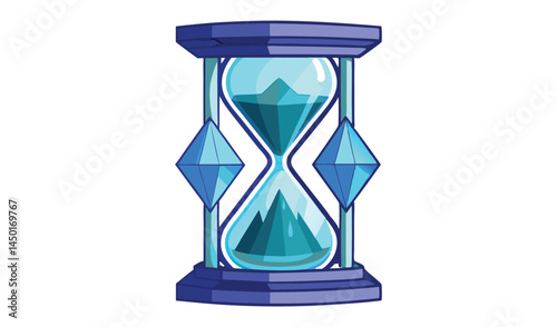 Stylized hourglass with blue gemstones and mountain peaks inside