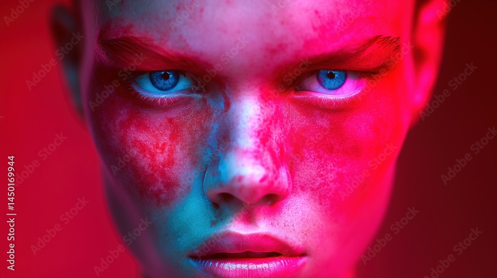 Intense gaze of blue eyes in surreal pink lighting portrait image closeup. Emotional male stare close-up photography human scene. Bold artistic fashion concept photo-realistic